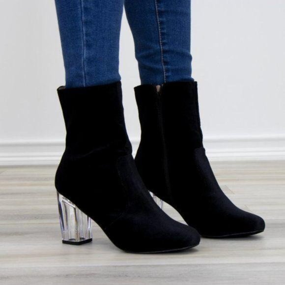Black Velvet Above Ankle Clear Heel Bootie - Picture 6 of 11